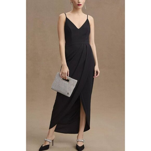 BHLDN Lyra V-Neck Faux-Wrap Stretch Crepe Midi Dress in Black Size 8 - Picture 1 of 8